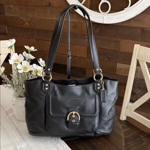 Coach Campbell Belle Black Leather Shoulder Tote with Gold-Tone Buckle